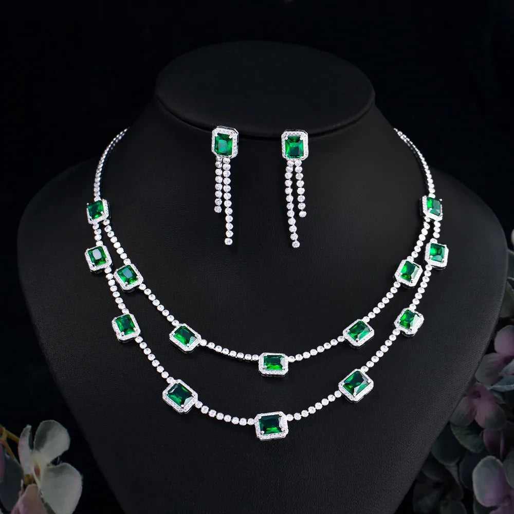 Green CZ rectangular double-layer necklace with stud-top beaded drop earring set