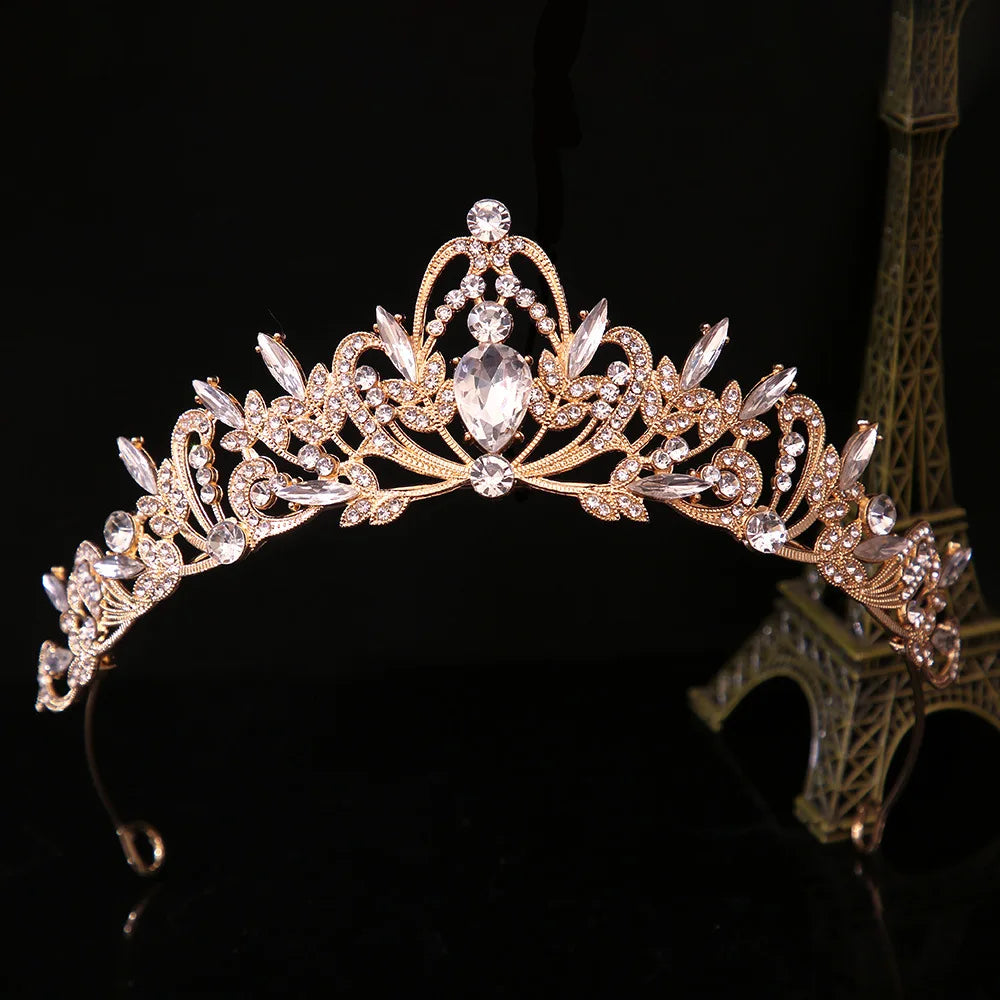 Princess tiara headpiece, gold-tone crown with pink crystal gemstones