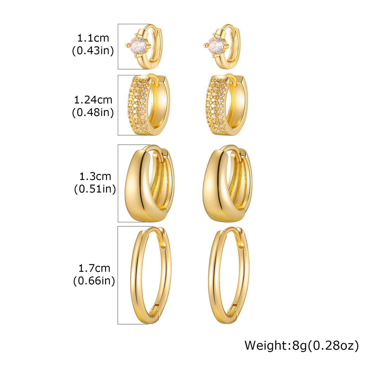 Gold-plated CZ huggie hoop earring set size chart with hoop styles and measurements