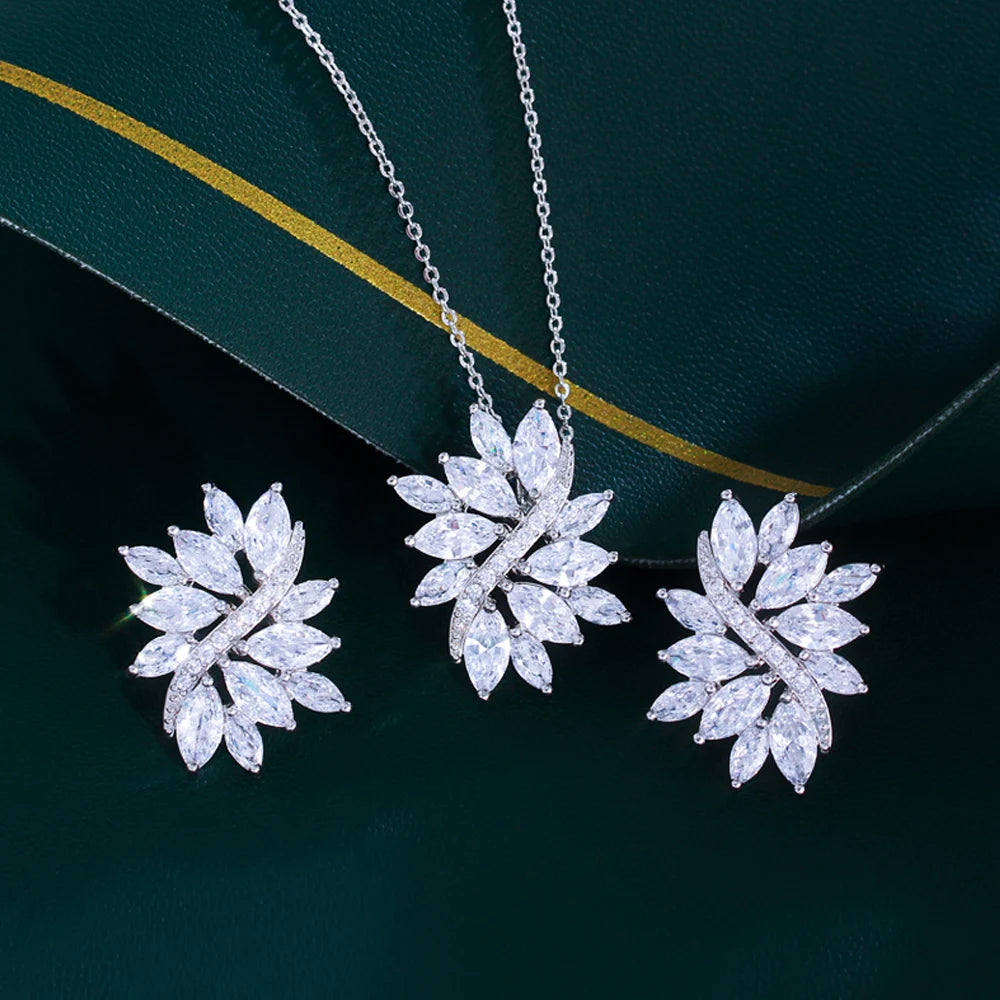 Marquise-cut zirconia leaf necklace and matching earrings in silver-tone metal