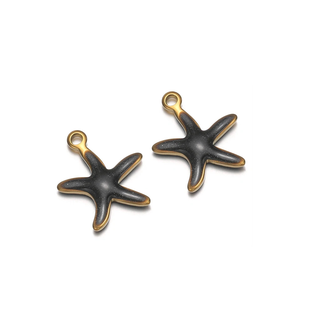 Dark gray starfish charm pendants with gold loop, pair for DIY necklace or earring