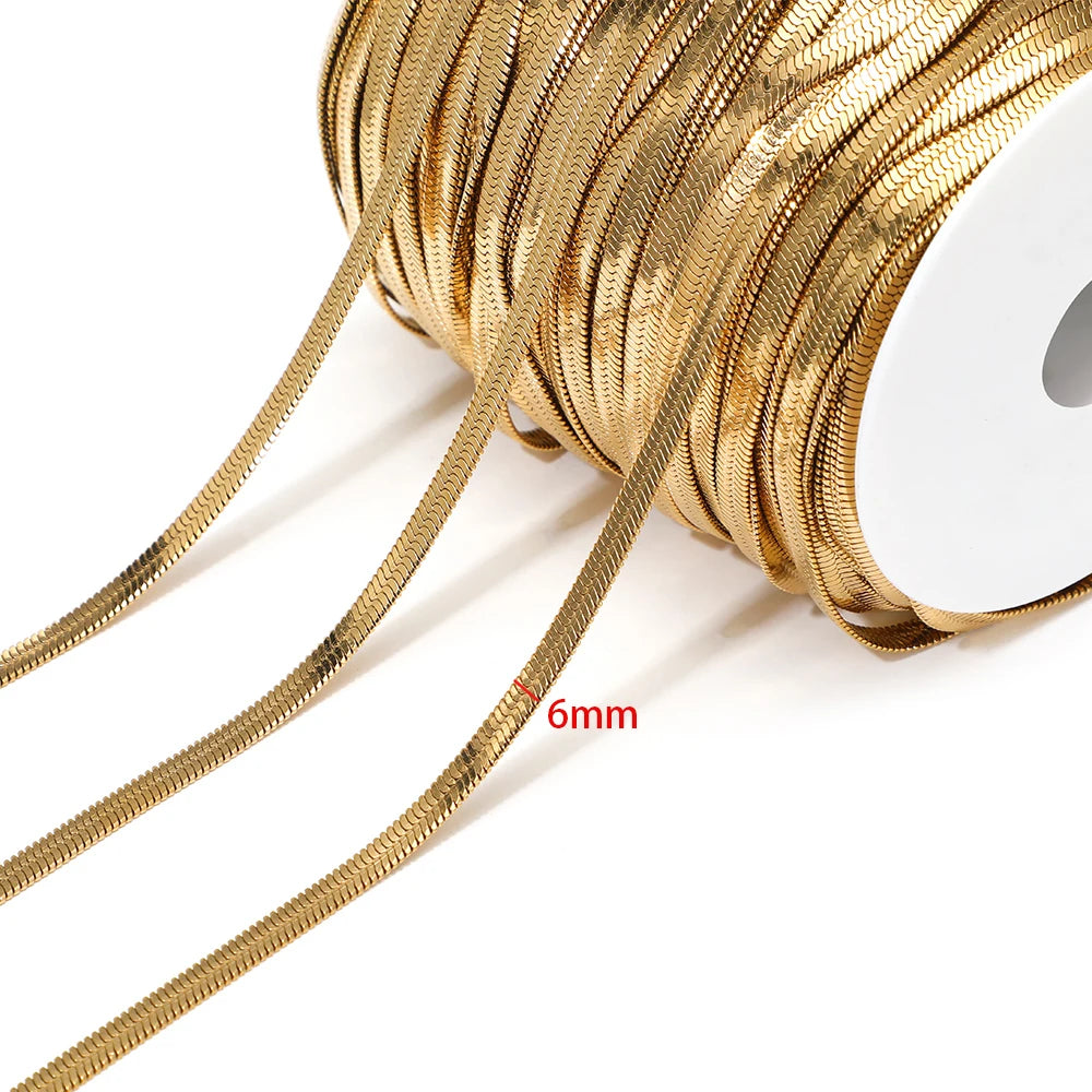 Gold flat snake chain cord, 6mm thickness, coiled on white spool