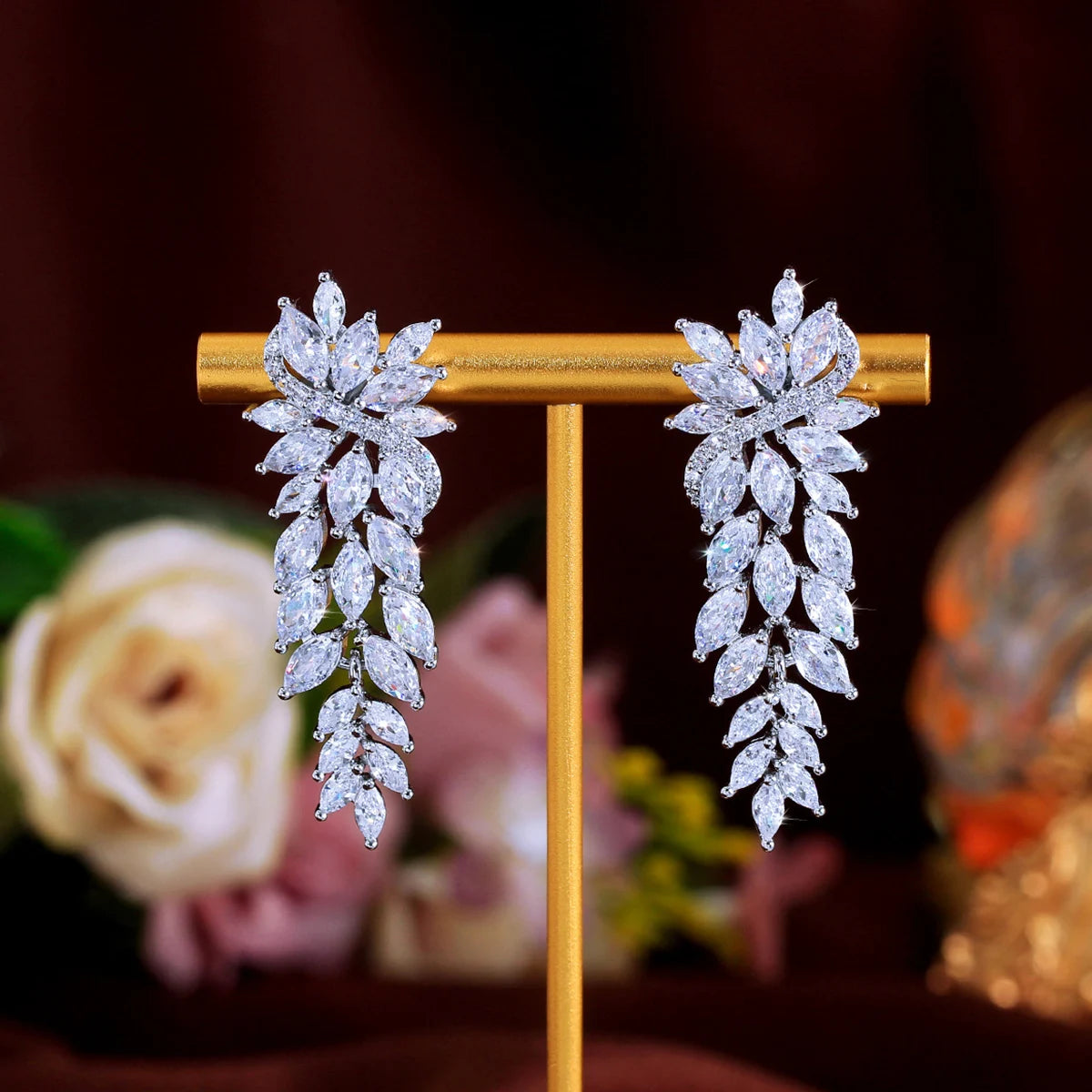 Fashion Full Cubic Zirconia Leaf Long Dangle Earrings CZ Wedding Prom Jewelry For Women