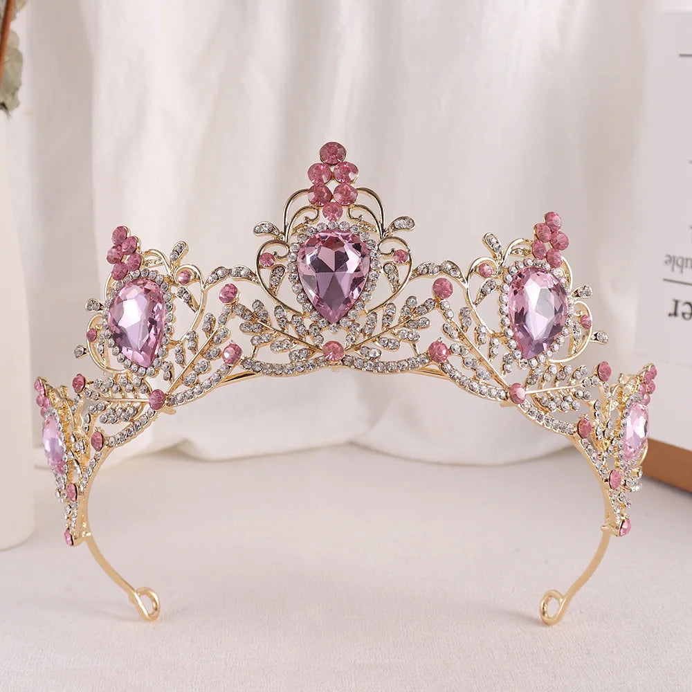 Gold bridal tiara with pink rhinestone crown and faceted teardrop center stone