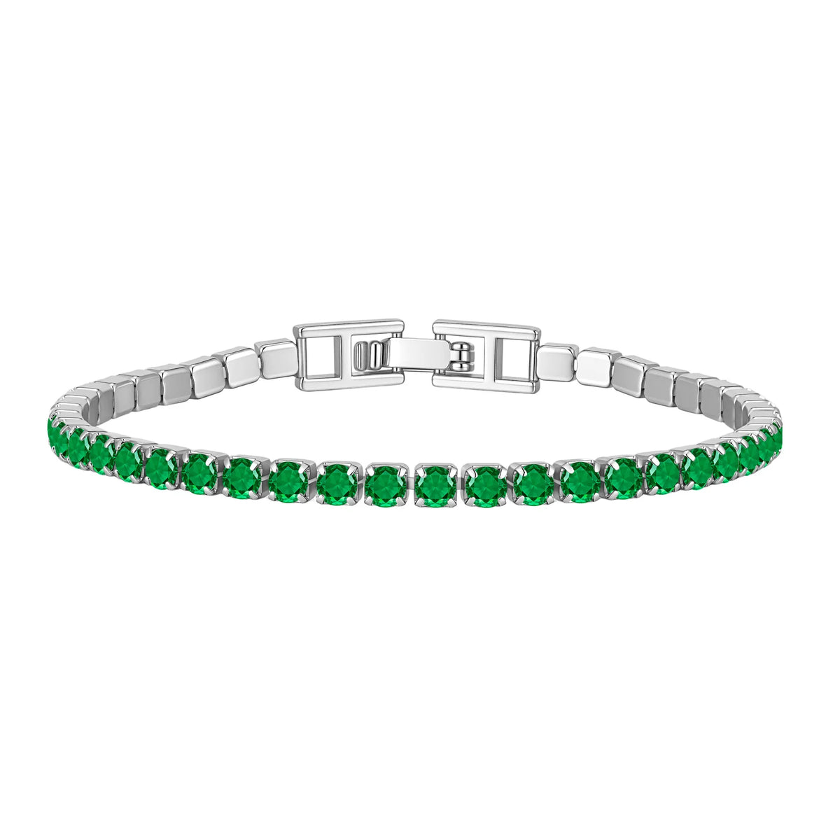 Green tennis bracelet with silver-tone links and oval cubic zirconia stone row