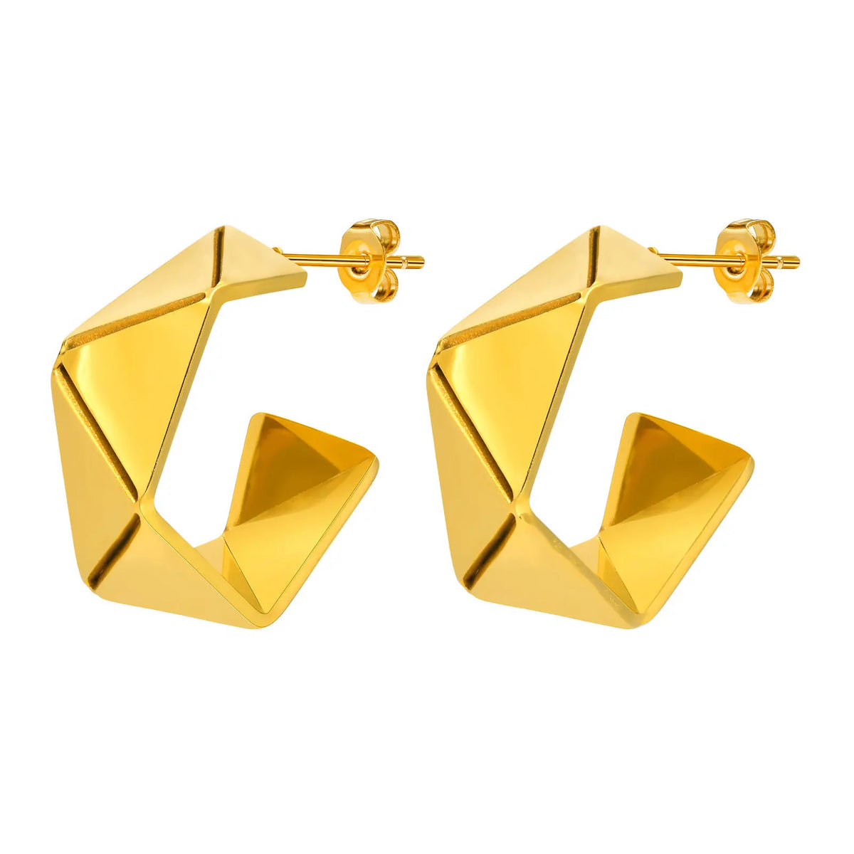 Pair of gold-plated geometric hoop earrings with faceted angular shape