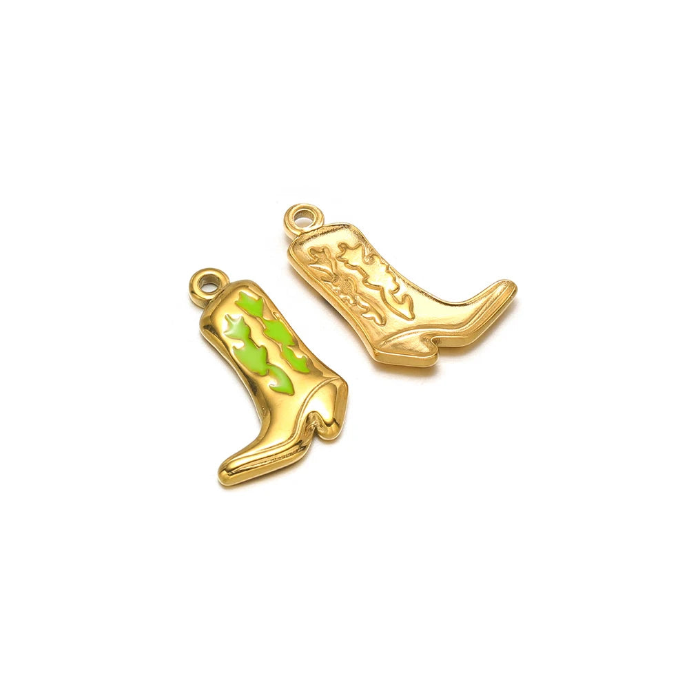Set of two enamel boot charms, gold-tone; one green enamel, one gold