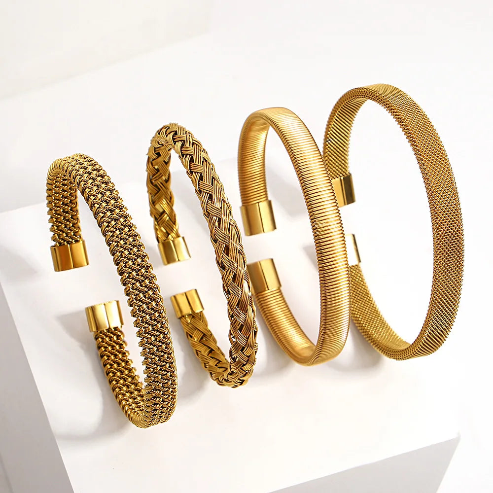 Vintage Gold Plated Stainless Steel Weave Bracelet for Women Men Exquisite Chunky Cuff Bangle Bracelets Waterproof Jewelry