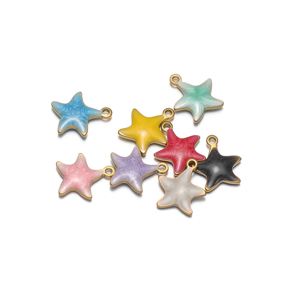 Colorful enamel star charms set with gold-tone loops for DIY necklaces and earrings