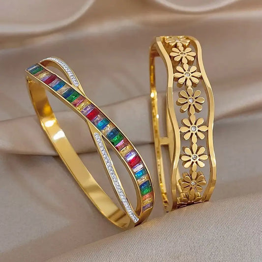Delicate Colorful Zircon Flower Wave Wide Bracelet for Women Trendy Gold Plated Stainless Steel Cuff Bangles Waterproof Jewelry