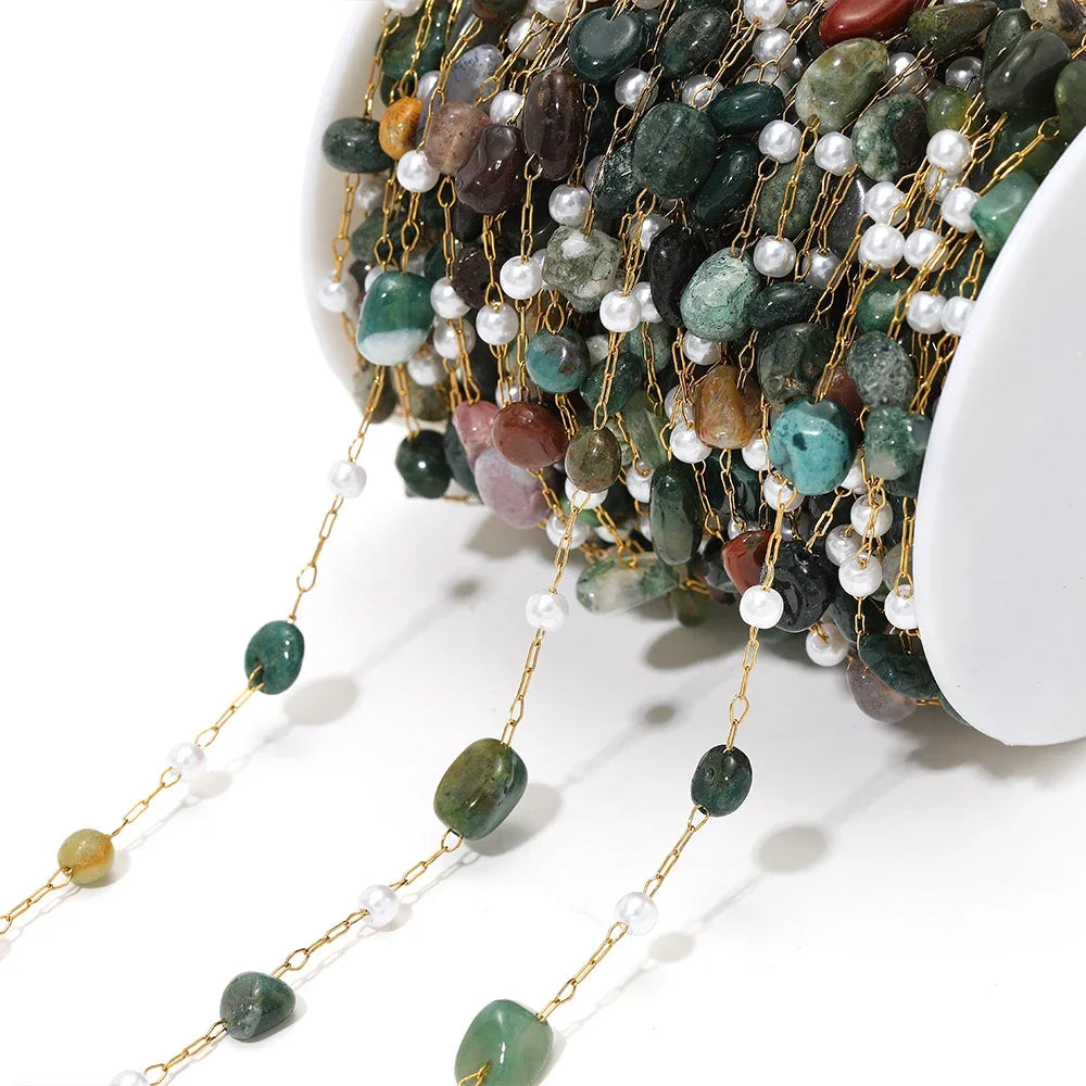 Irregular dark green stone bead chain with white pearl drops and gold-link connectors