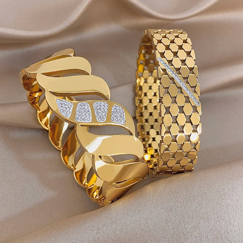 Luxury Rhinestone Stainless Steel Cuff Bracelet for Women Trendy Zircon Geometric Gold Color Wide Bangles Waterproof Jewelry Set