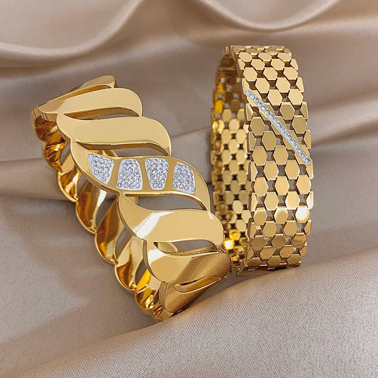 Luxury Rhinestone Stainless Steel Cuff Bracelet for Women Trendy Zircon Geometric Gold Color Wide Bangles Waterproof Jewelry Set