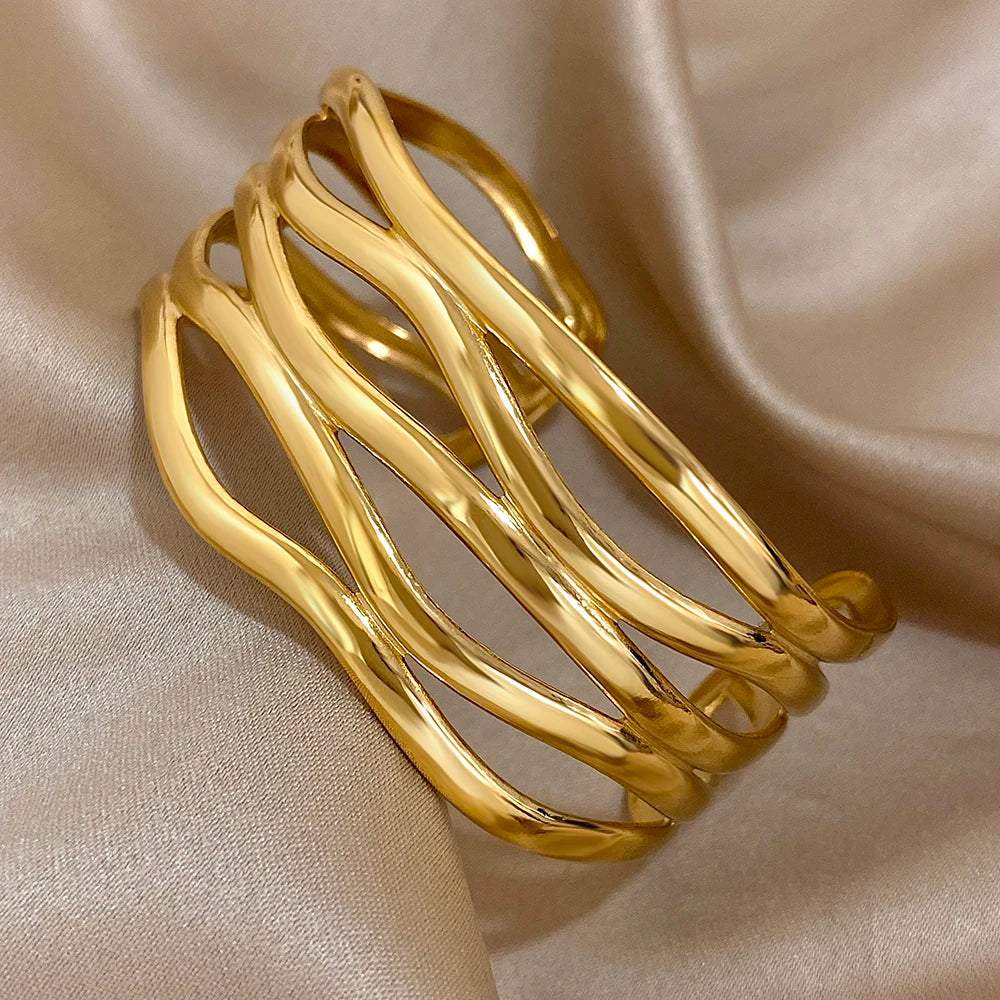 Exaggerated Geometric Stainless Steel Cuff Bangle Bracelets Irregular Gold Plated Chunky Wristband Bracelet Waterproof Jewelry