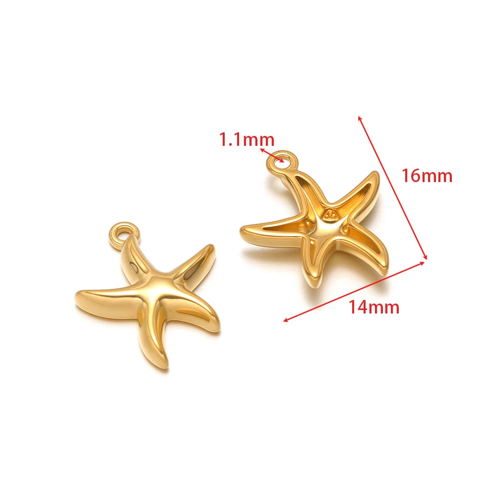 Stainless steel animal charm pendants set, starfish shaped with gold-tone finish and connector loops
