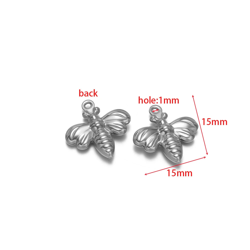 Silver bee-shaped stainless steel hollow charm with round loop, for necklace or earrings