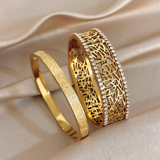 Retro Gold Plated Stainless Steel Cuff Bangle for Women Unique Zircon Geometric Textured Stackable Bracelets Waterproof Jewelry