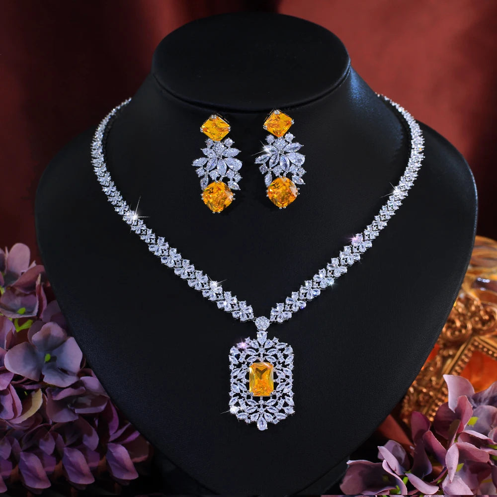 Cubic zirconia flower necklace and earring set with yellow stones and clear crystal accents