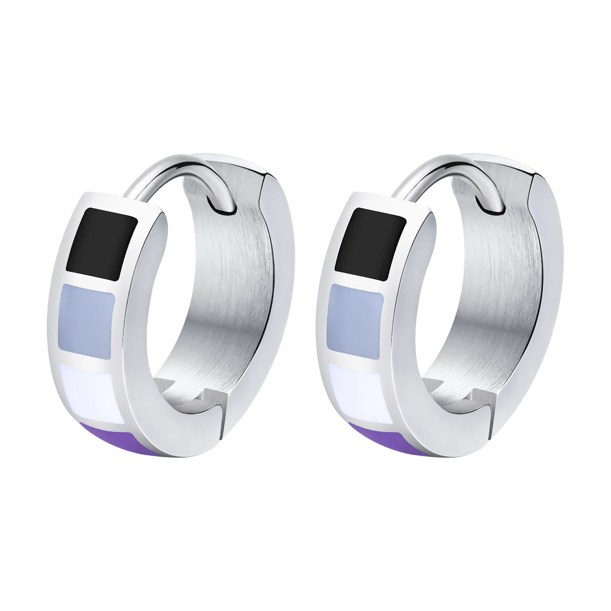 Pair of stainless steel huggie hoop earrings with black, blue, white, and purple enamel panels