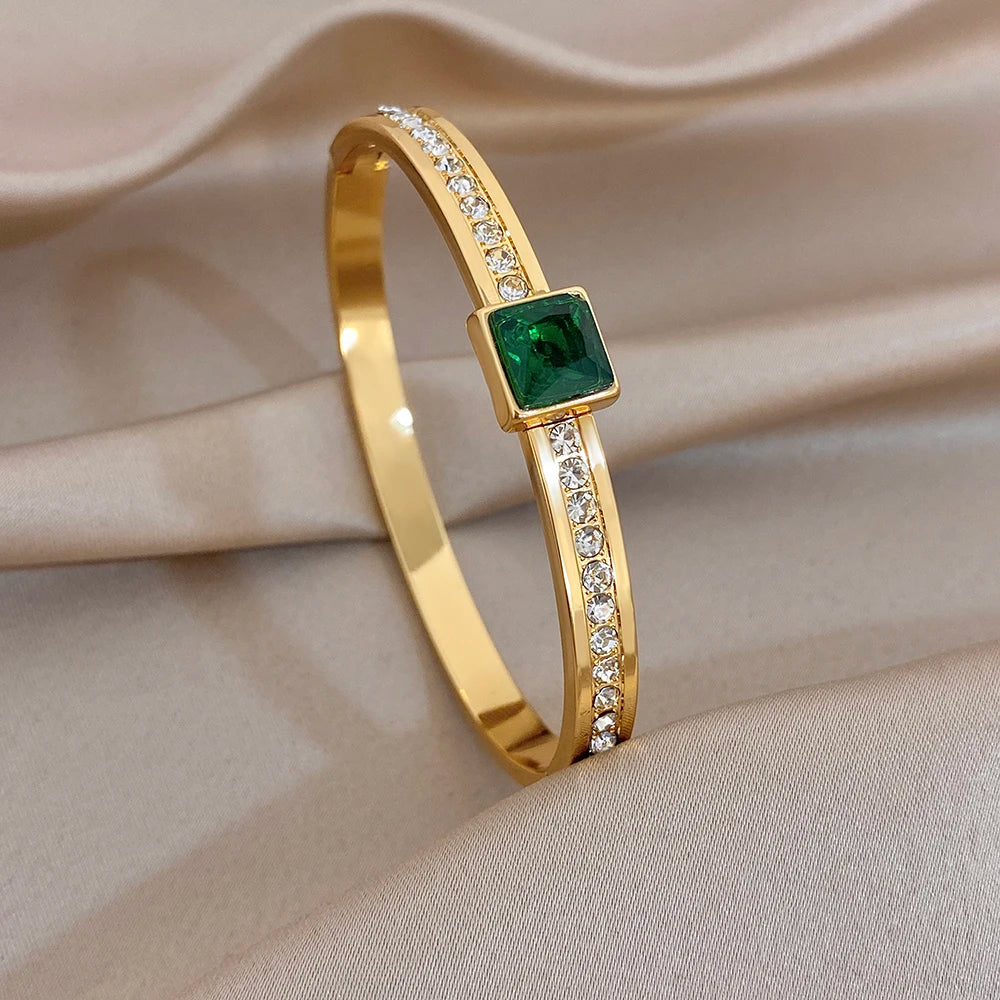 Delicate Green Enamel Stainless Steel Bangle for Women Glossy Colorful Zircon Stainless Steel Cuff Bracelets Waterproof Jewelry