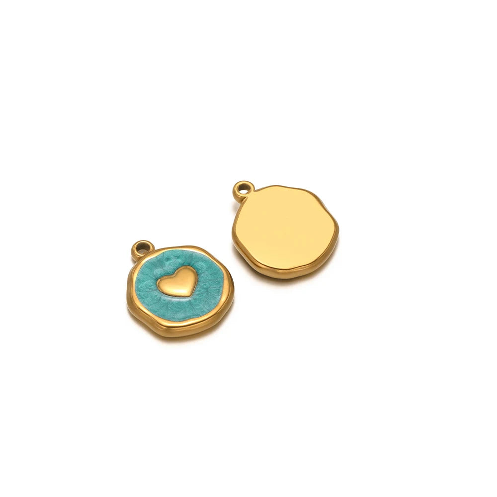 Evil eye charm pendants: teal enamel heart icon with gold border and plain gold drop charm