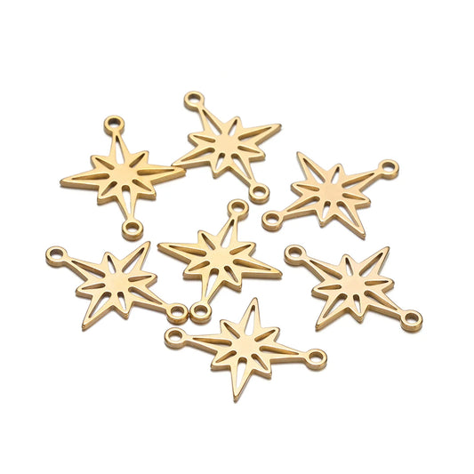 Gold-tone star charms with loops, connector pieces for DIY jewelry