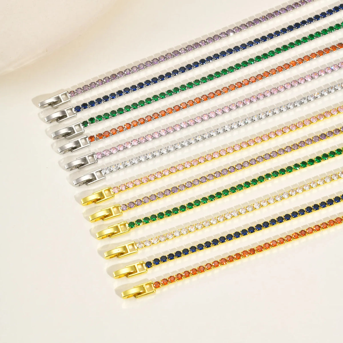 Set of tennis bracelets with silver-tone links and colorful cubic zirconia stones
