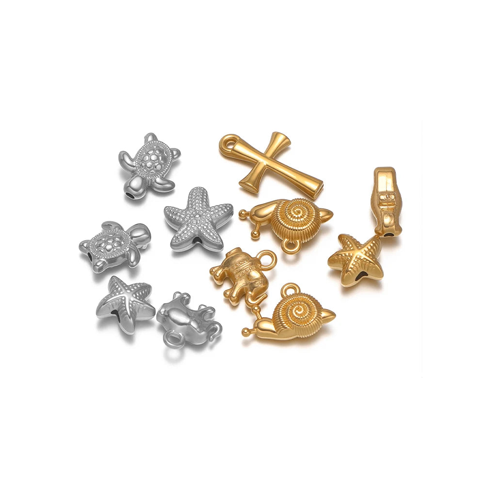 Marine animal metal charms set, silver and gold elephant, snail, starfish, cross shapes