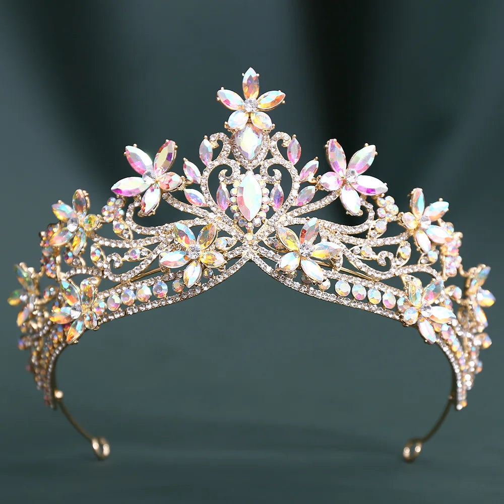 Baroque Crystal Flower Blue Opal Tiaras For Women Party Luxury Bride Diadem Rhinestone Crown Hair Accessories Jewelry