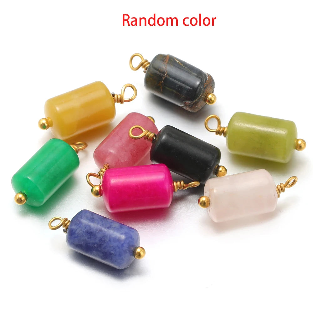 Assorted cylinder stone charms with gold-tone loops, mixed colors