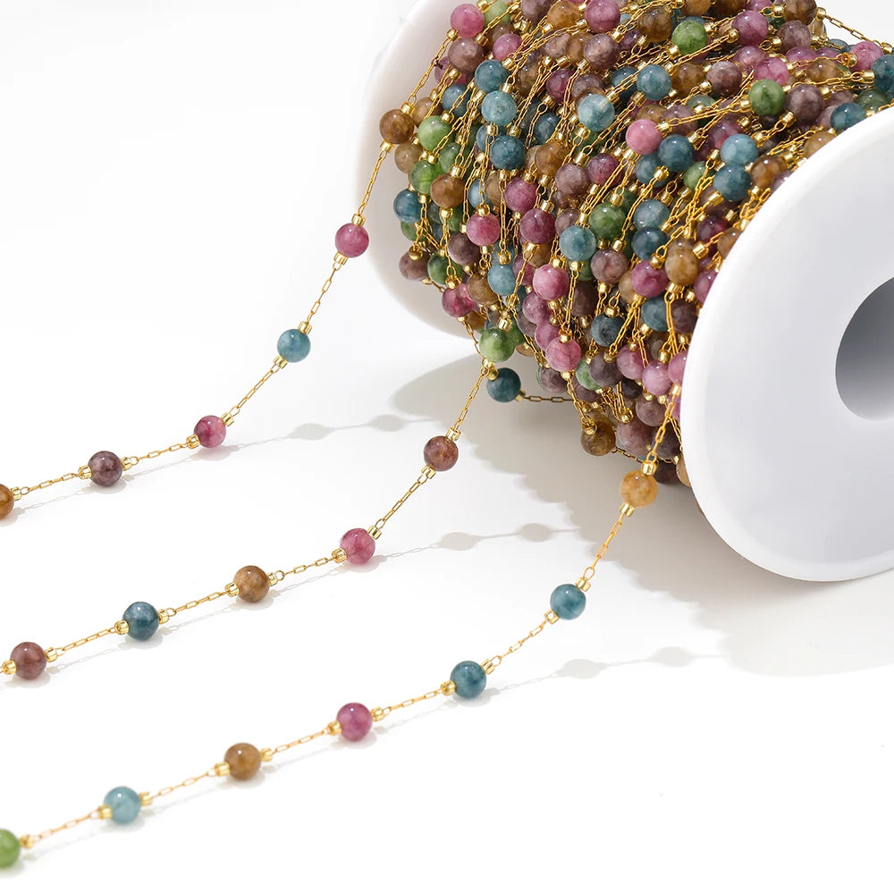Gold-link gemstone bead chain strand with amethyst purple and turquoise beads