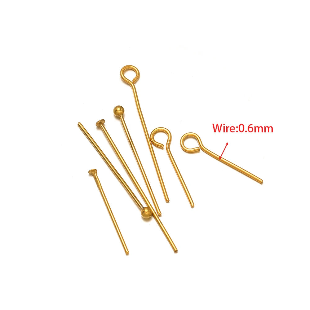 Gold T-eye pins with ball heads, wire size 0.6mm, eye-loop and straight shaft