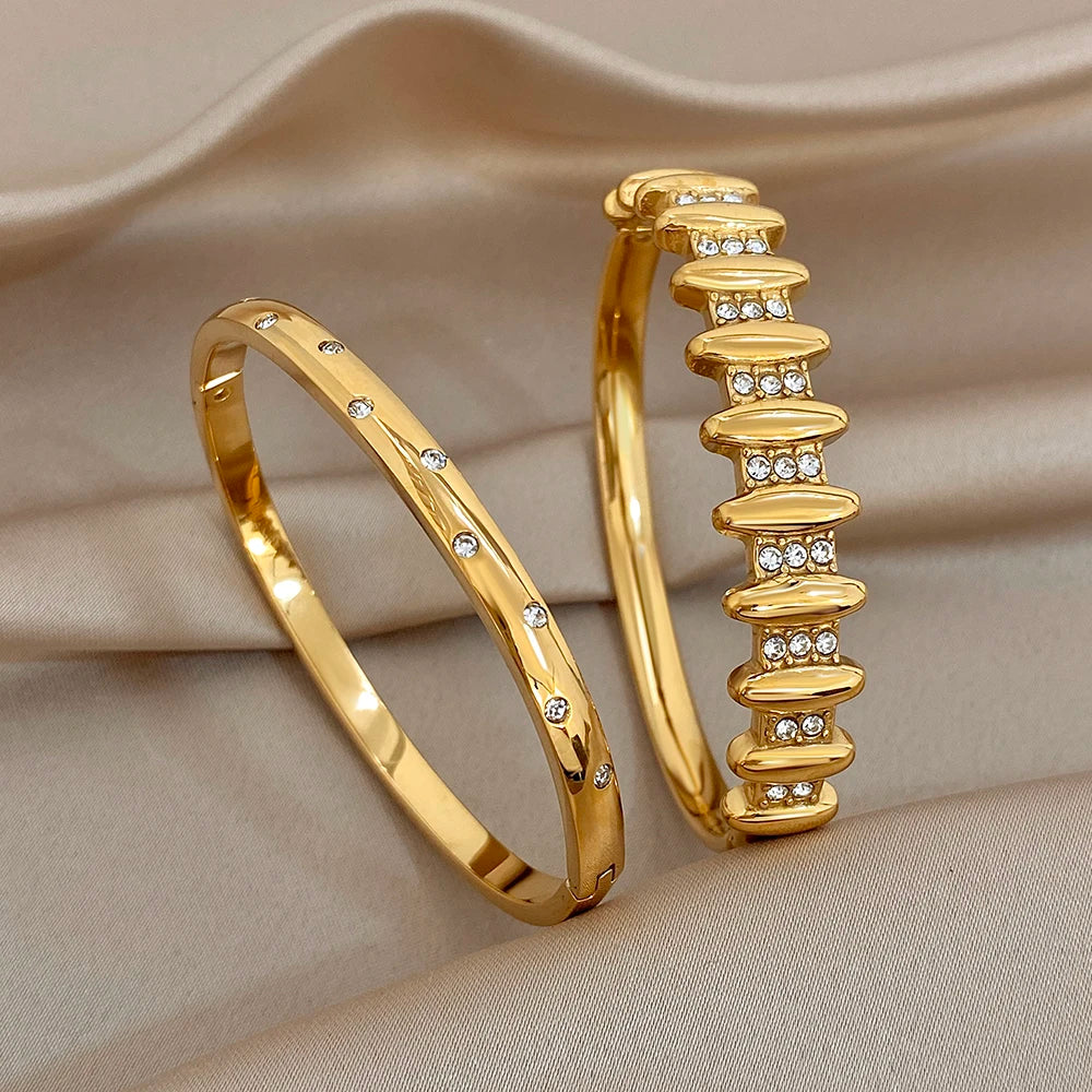 Exquisite Gold Plated Stainless Steel Cuff Bangles for Women Vintage Zircon Geometric Wristband Bracelets Waterproof Jewelry