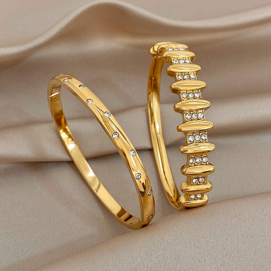 Exquisite Gold Plated Stainless Steel Cuff Bangles for Women Vintage Zircon Geometric Wristband Bracelets Waterproof Jewelry