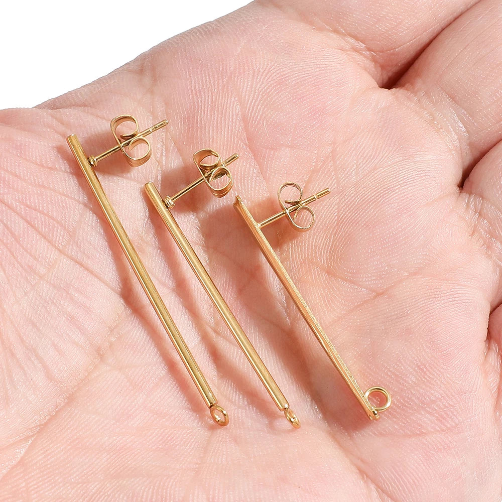Gold long stick stud earring findings on hand, small DIY connector pieces