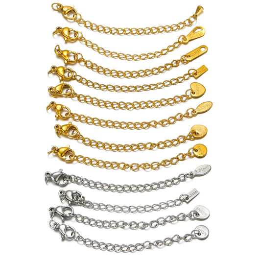 Lobster clasp extension tail chains in gold and silver with engraved end tags