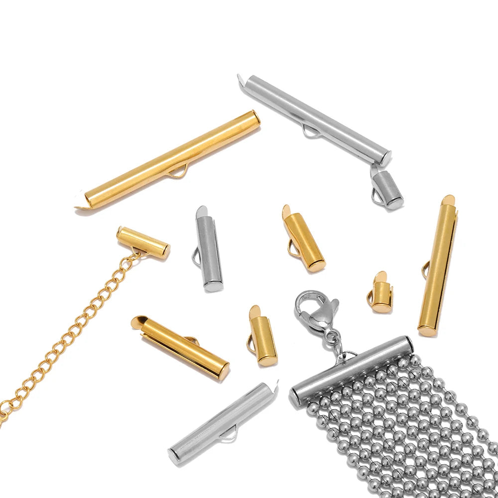 Stainless steel crimp end caps with slider clasps, gold and silver set pieces