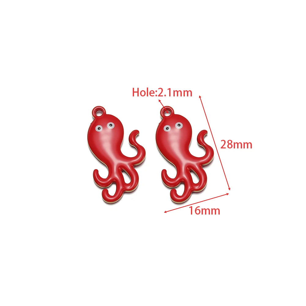 Red enamel octopus pendant charms, 28mm length, 16mm width, 2.1mm hole