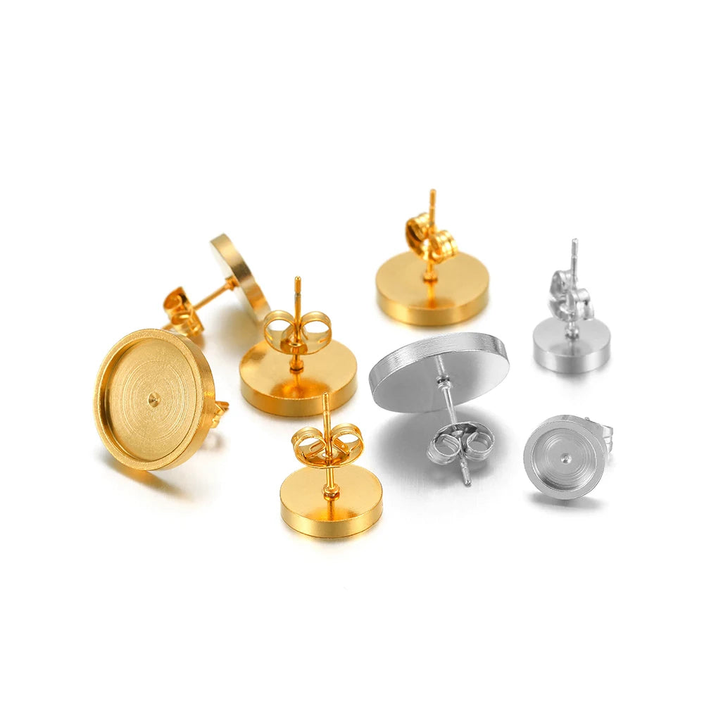 Mixed gold and silver-tone round earring base settings with hoop posts and backs