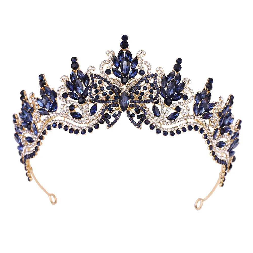 Navy rhinestone tiara headband with oval center and floral cutout details