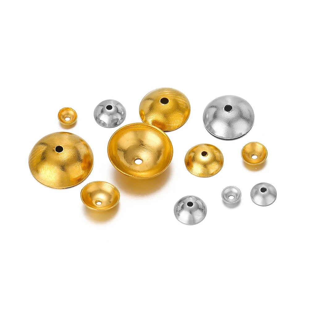 Assorted stainless steel spacer bead caps with gold and silver finishes, round dome holes