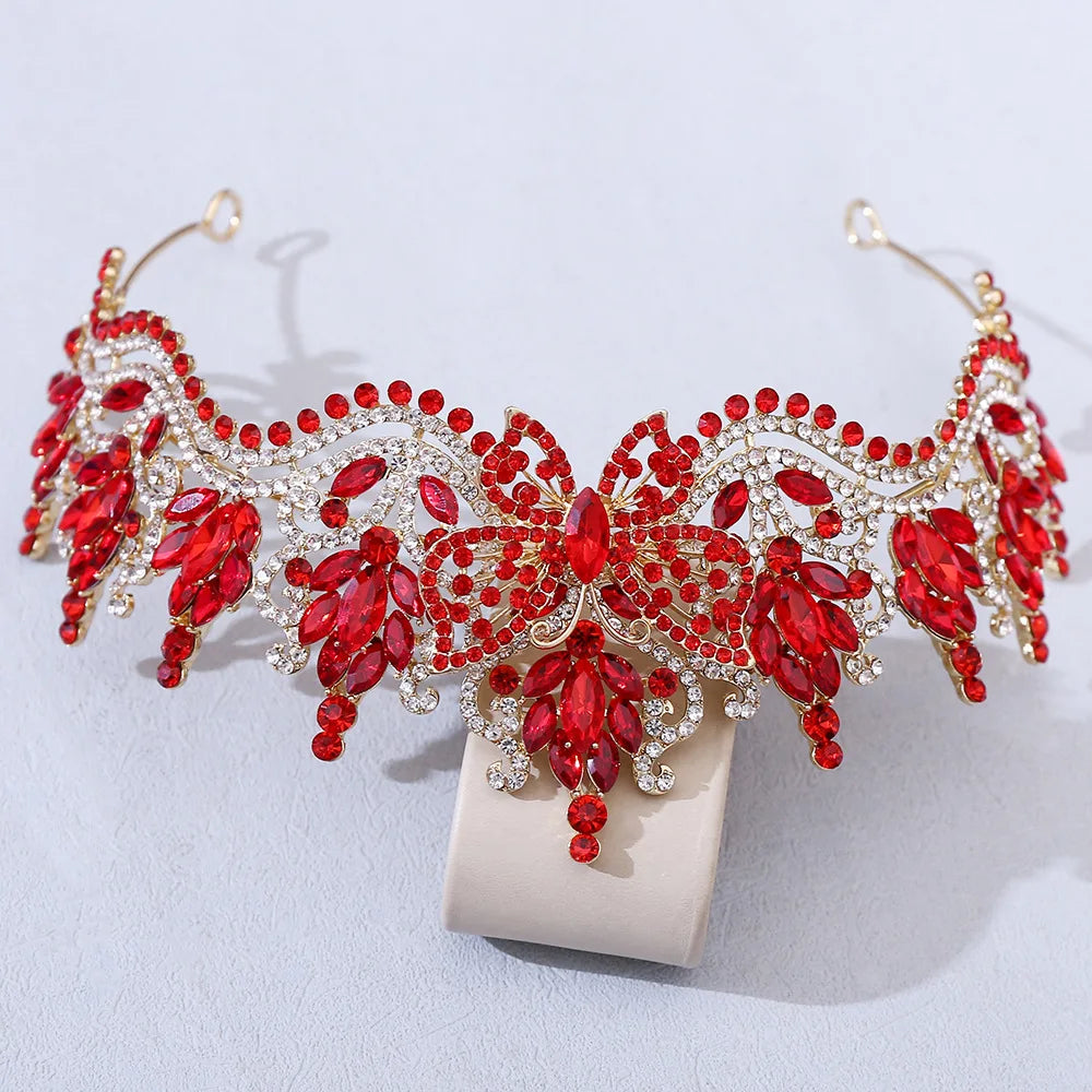Red rhinestone tiara headband with pear-shaped stones and silver accents