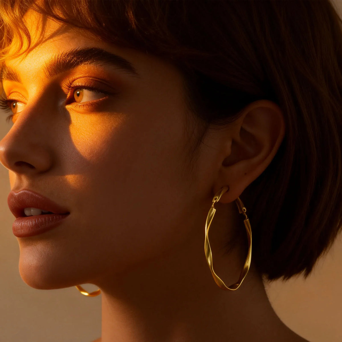 Gold-tone twisted hoop earrings worn on an ear