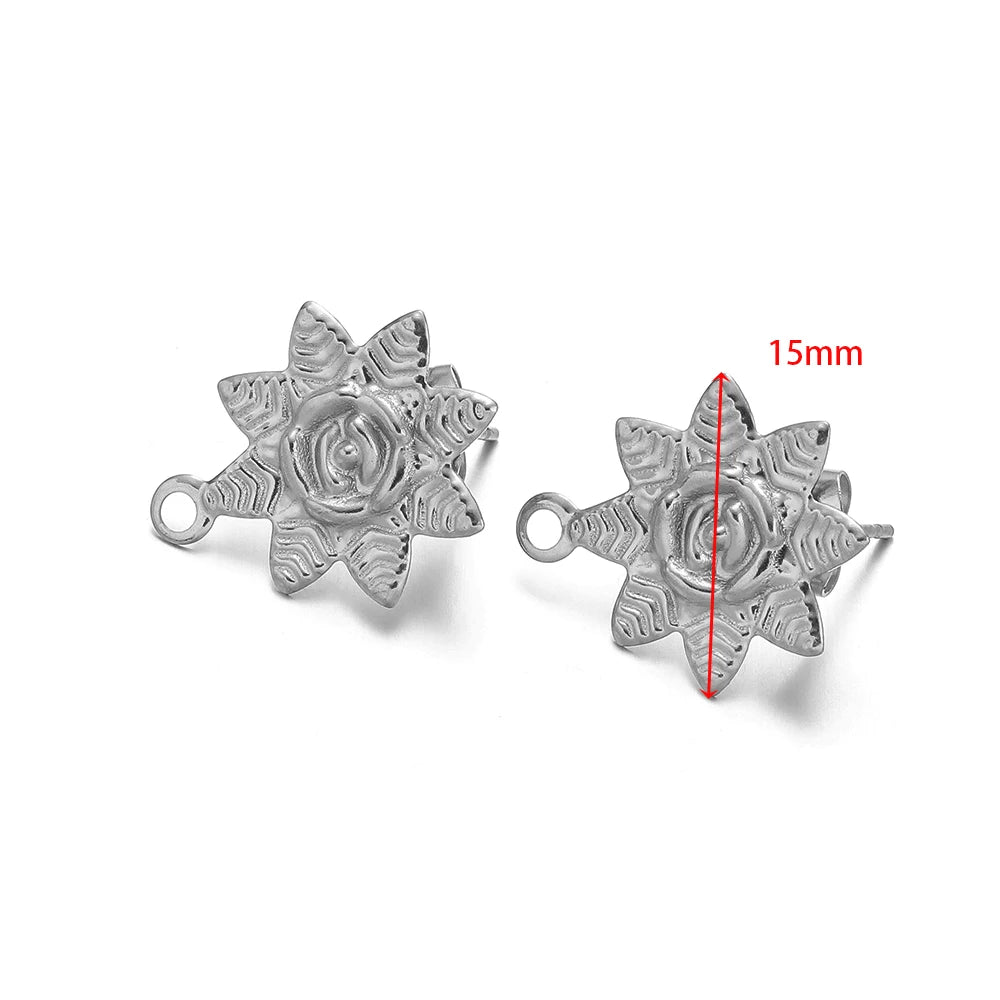 Silver sunflower stud earring charms, 15mm size shown, loop back hooks, pair