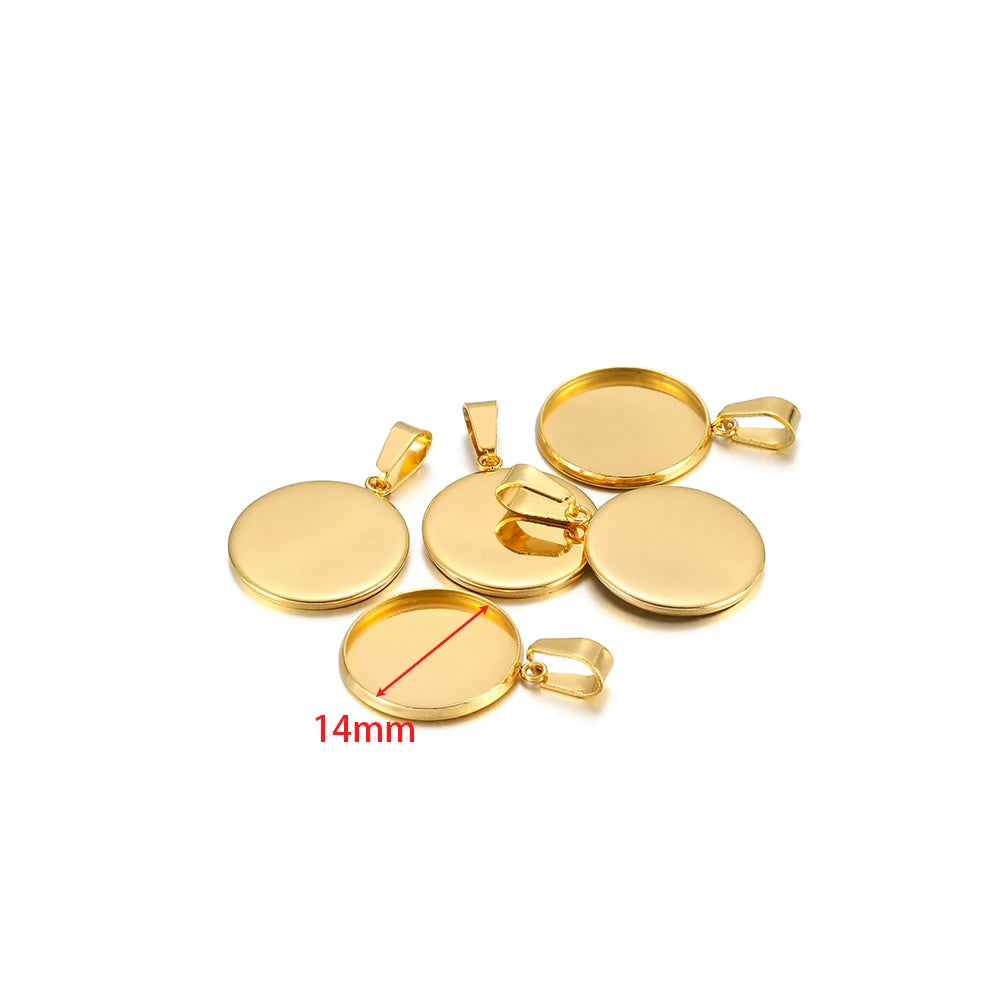 Gold cabochon bezel settings, round trays with top bails, 14mm shown, 10pcs