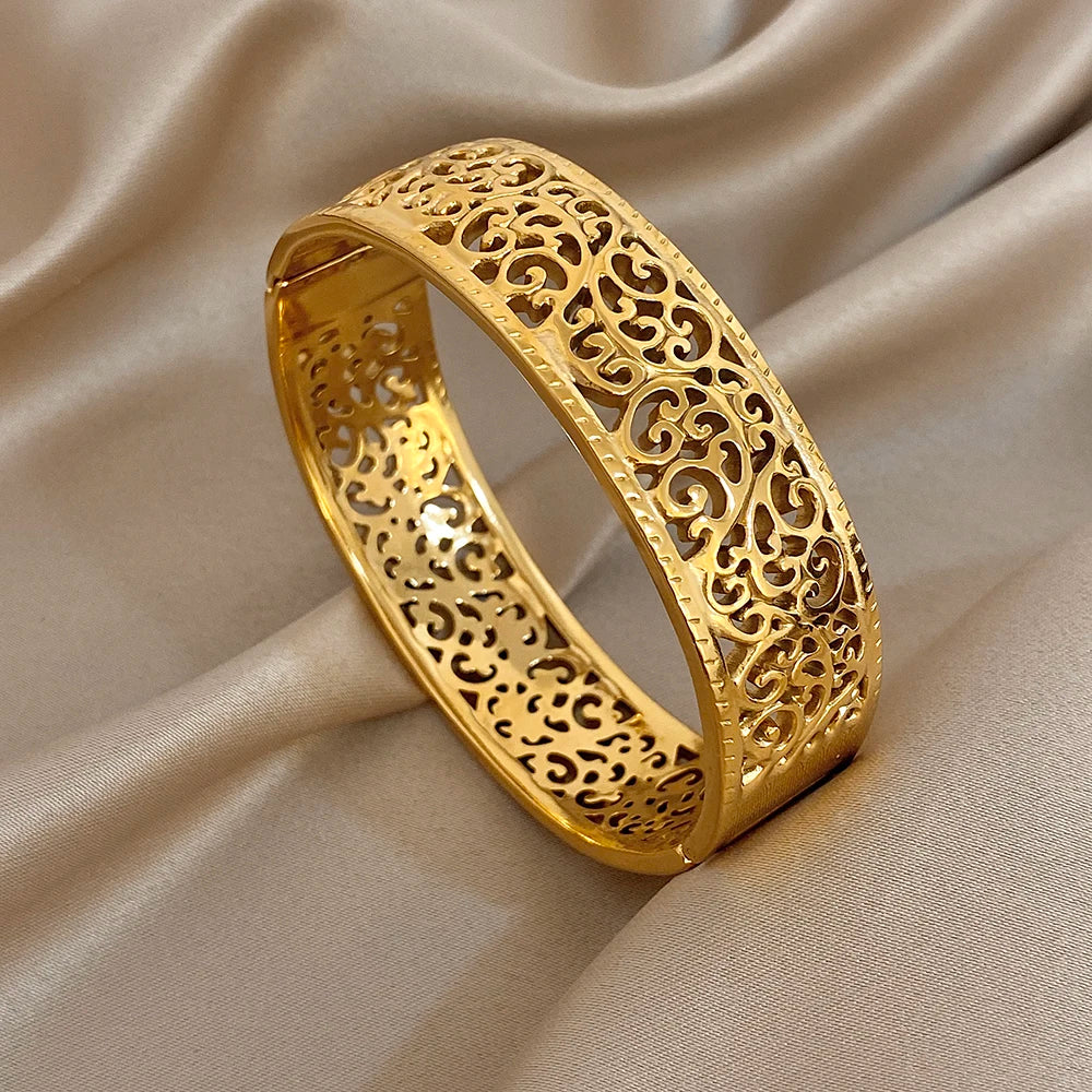 Vintage Palace Geometric Carved Flower Bracelet for Women Chunky Gold Plated Stainless Steel Cuff Bangles Waterproof Jewelry