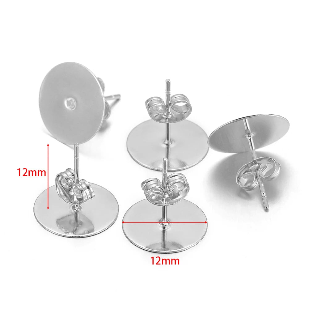 Round flat blank ear stud settings, silver-tone, 12mm posts with 12mm base discs