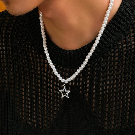 Trendy Beads Choker Necklaces Imitation Pearl with Stars Pendant for Men
