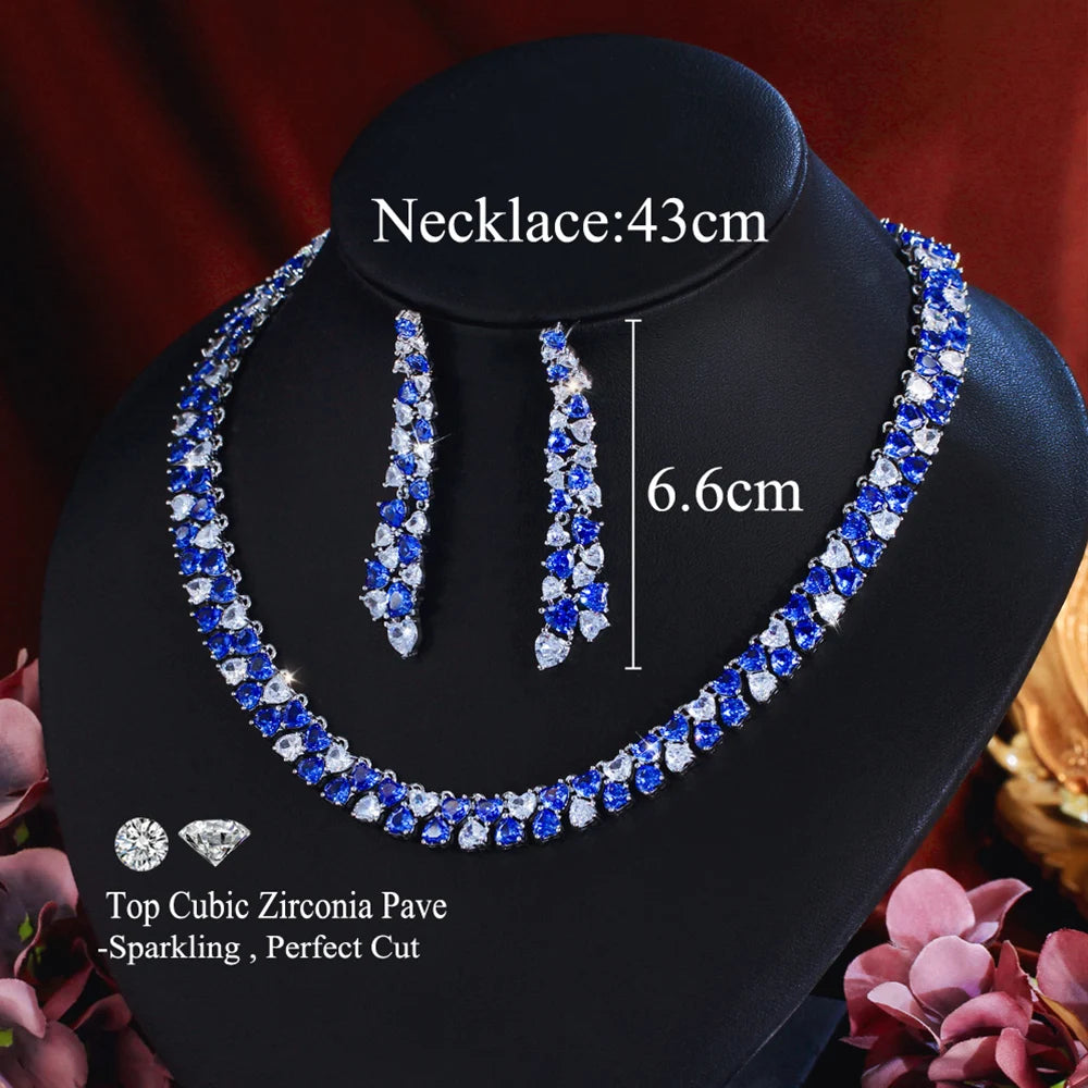 Luxury Shiny Blue CZ Zircon Heart Shape Wedding Jewelry Sets for Women Bridal Necklace Earrings