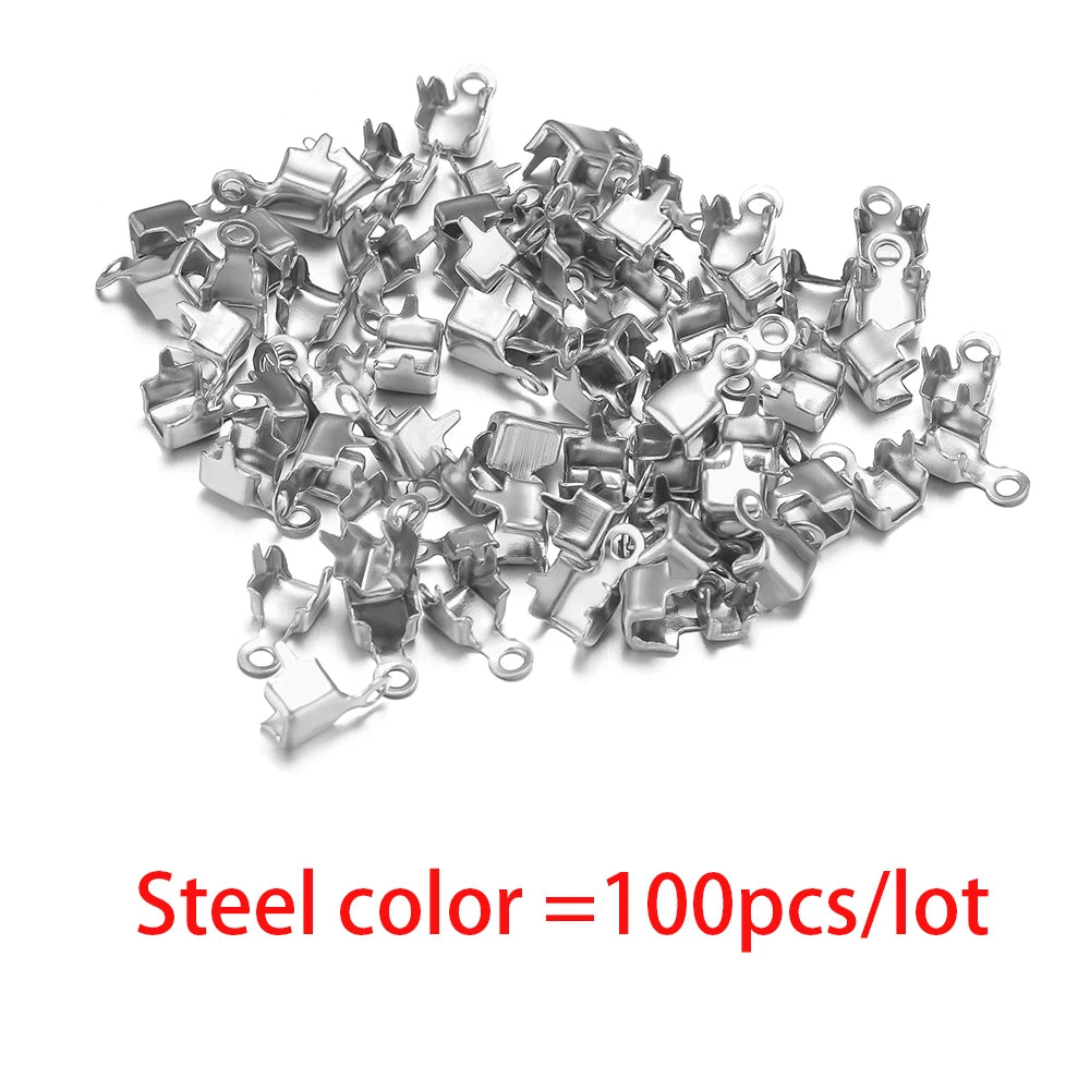 Steel color cord end crimp clasp tips with loop, bulk set for DIY jewelry making
